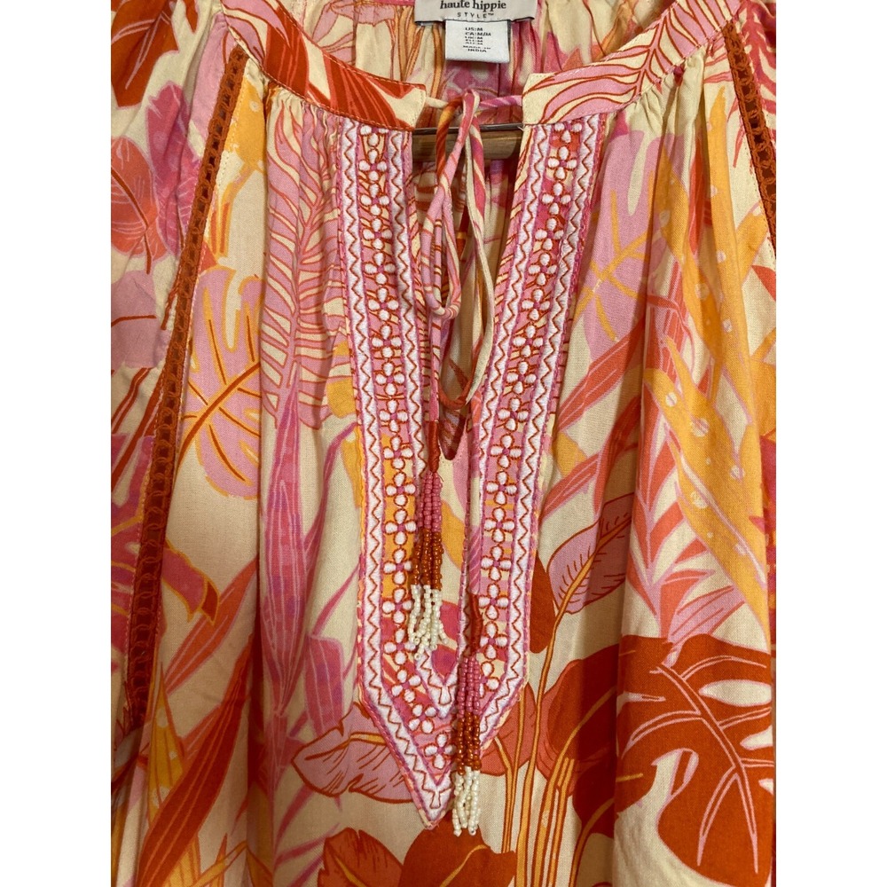 Haute Hippie Peasant Top Womens Medium Beaded Tassels Monstera Print Pink‎ Boho - Picture 4 of 14